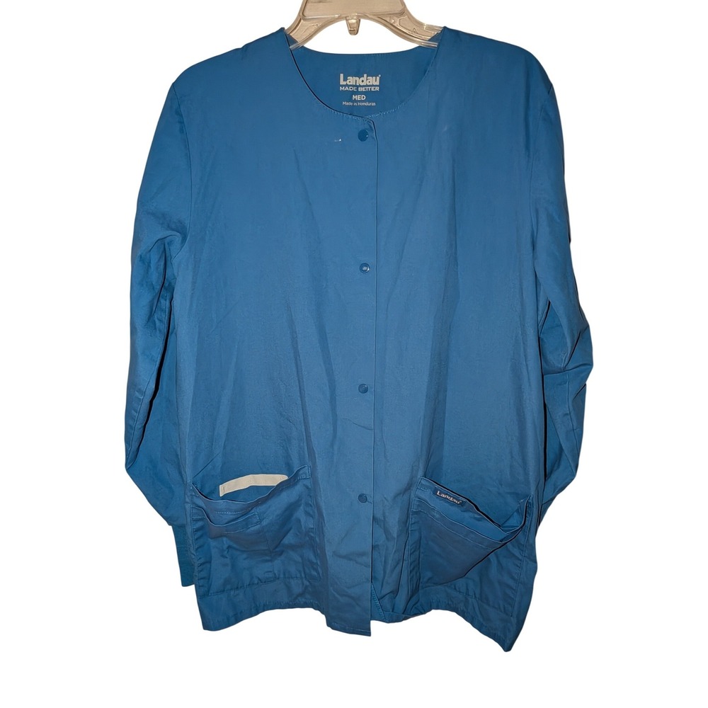Landau Made Better Blue Scrub Jacket Medium Snap Front Long Sleeve Warm Up
